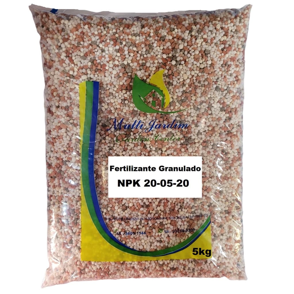 Saco de 5kg de fertilizante granulado NPK 20-05-20 para flores, jardim e hortaliças.