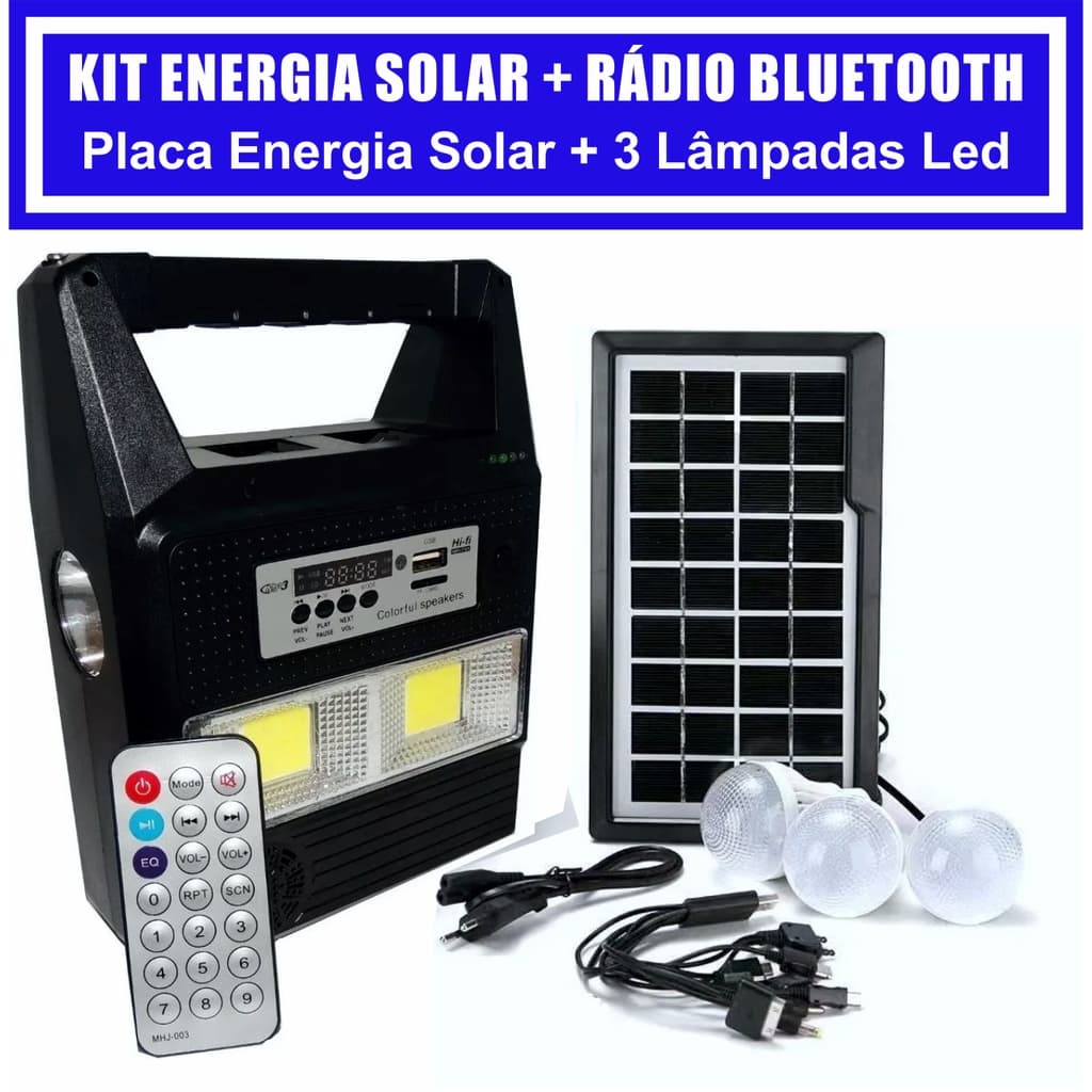 Kit Gerador Energia Solar com Rádio FM, USB, Bluetooth e 3 Lâmpadas LED