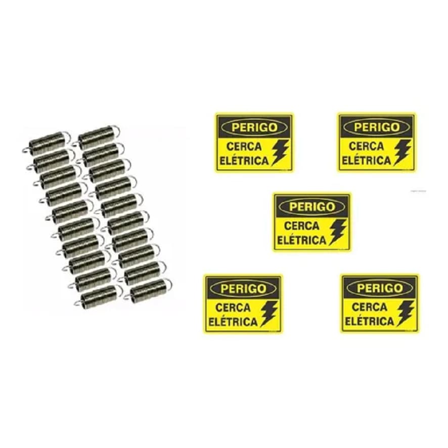 20 Placas Sinalização Cerca Elétrica Plástico + 20 Molas Repuxo Argola Cerca Elétrica