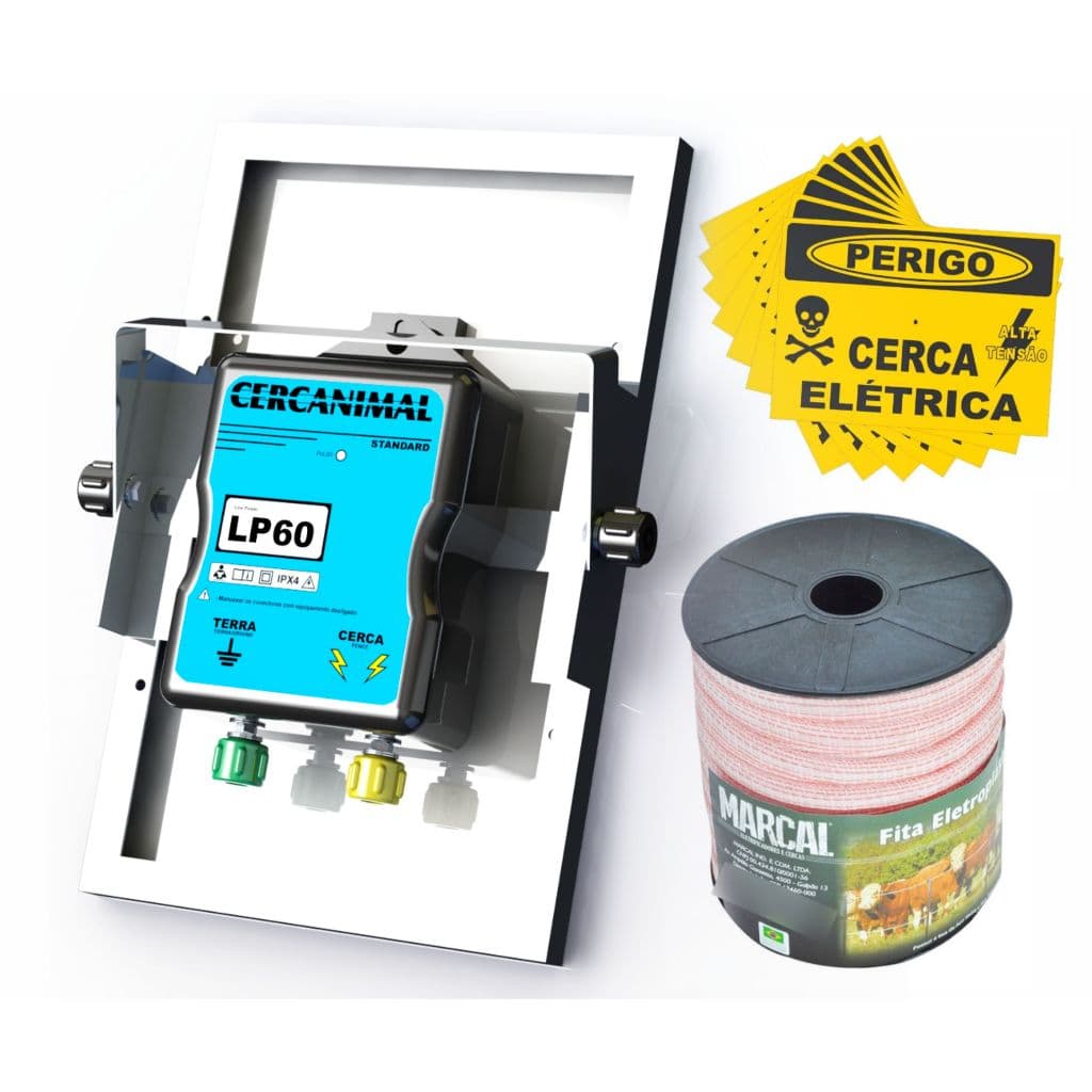 01 Fita Eletroplastica 200 metros x 12mm + 01 Cerca eletrica rural LP60 4,2 J. solar 10W + 05 placa de cerca eletrica