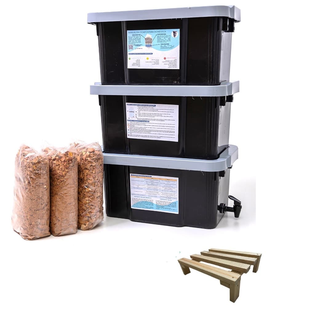 Composteira Doméstica Minhocário 45L Jardim Ar Livre + suporte de madeira