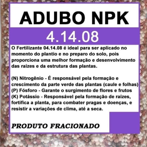 Fertilizante NPK 04.14.08 Fracionado para Hortaliças, Flores, Suculentas e Rosas do Deserto