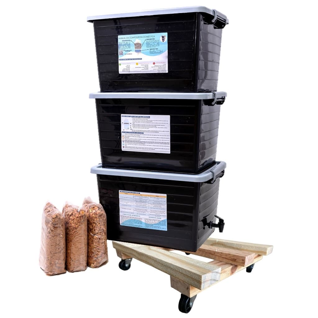 Composteira Doméstica Minhocário 105L Com Suporte de madeira COM RODINHAS + serragem - Produza seu adubo orgânico