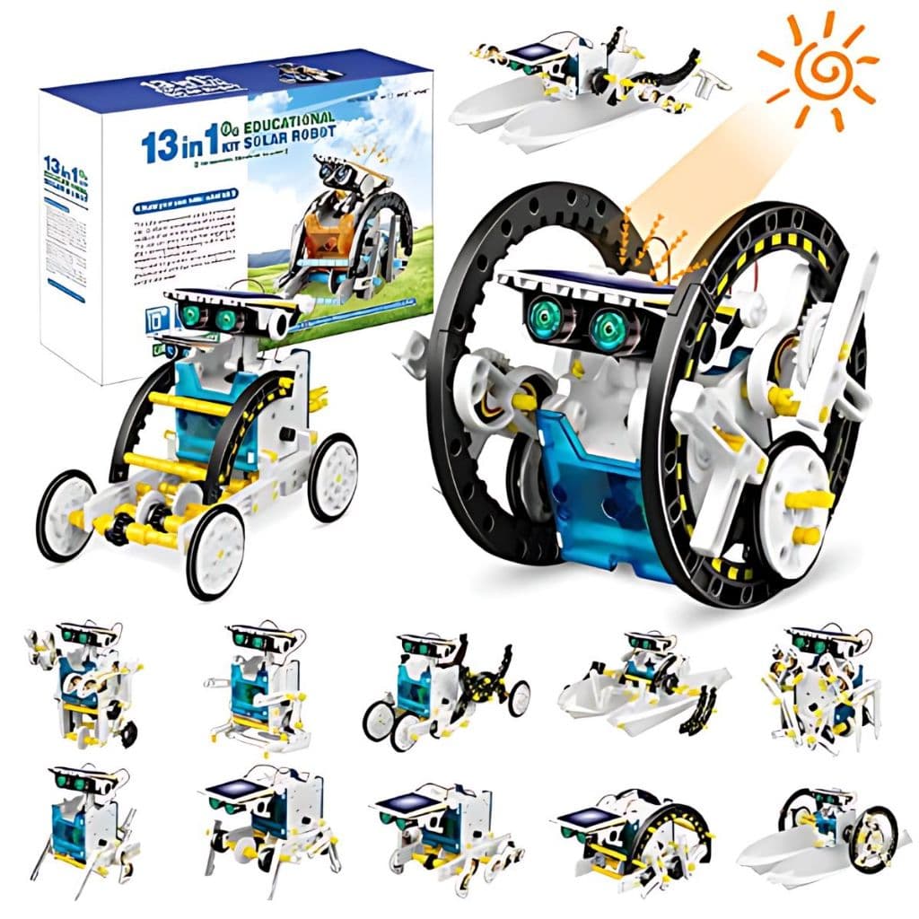 Kit robô educacional 13 em 1 energia solar com peças brancas, azuis e amarelas