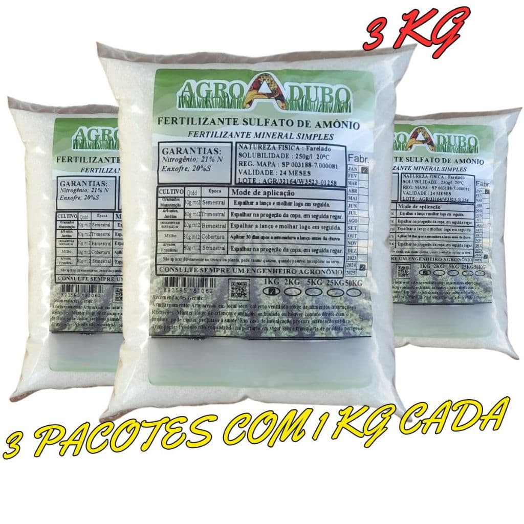 Fertilizante Sulfato De Amônio 3Kg Adubo 100% Soluvel