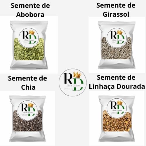 KIT SEMENTE DE ABOBORA 300g, SEMENTE DE GIRASSOL 300g, SEMENTE DE CHIA 300ge SE LINHAÇA DOURADA 300g