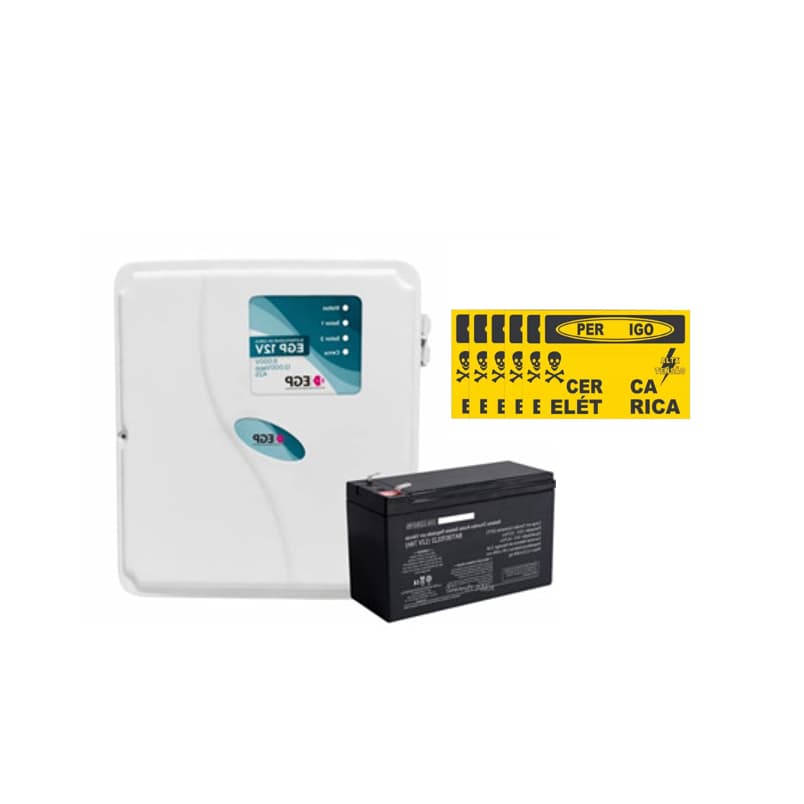 Kit para Cerca Elétrica: Central de Alarme Cerca Elétrica EPG + Bateria 12V 7A + 5 Placas de Aviso