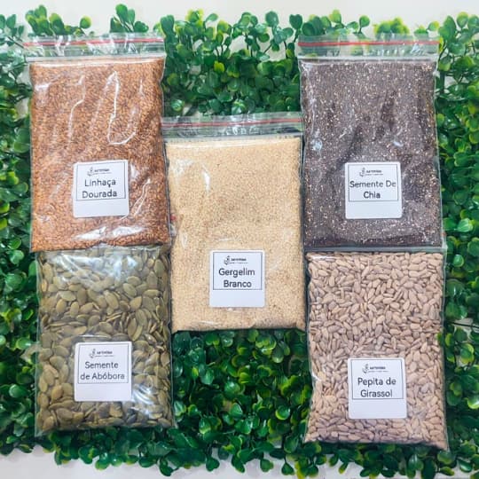 Kit sementes - Linnhaça Dourada - Gergelim branco - Semente de chia - Semente de abóbora - Pepita de girasol