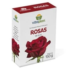 Caixa de Fertilizante NPK 08-12-10 para Rosas Vitaplan Nutriplan, com rosa vermelha.