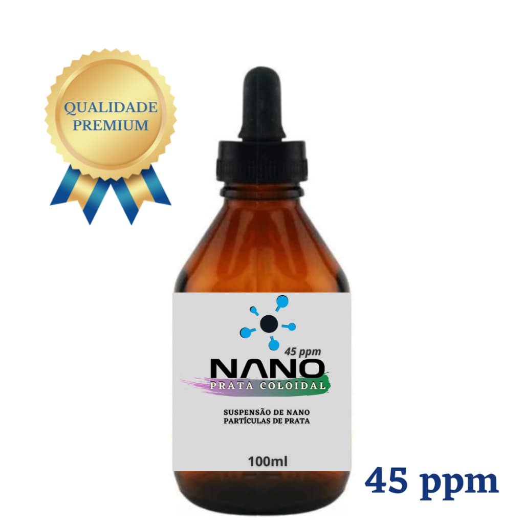 Prata Coloidal 45ppm Gotejador 100ml Grau de Pureza 99,9% Vidro Âmbar