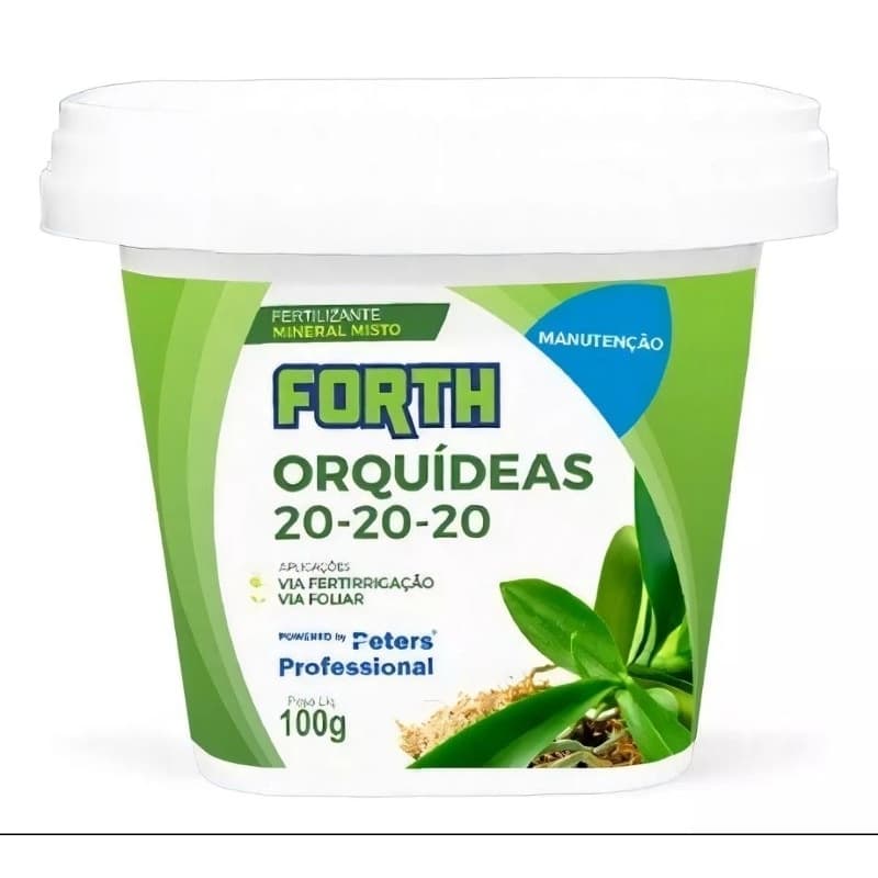 Fertilizante Orquídeas FORTH 20-20-20 100g em recipiente branco e verde