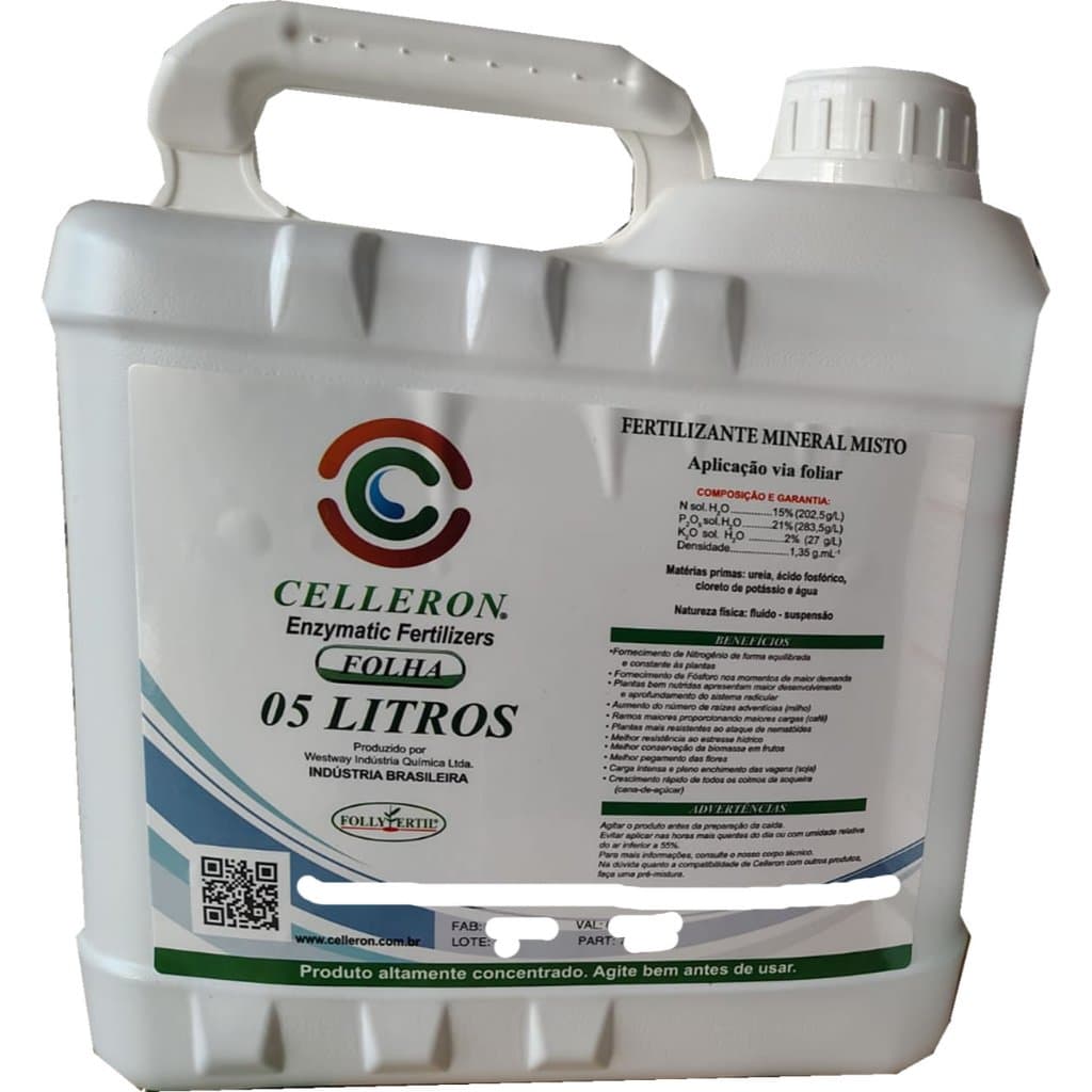 Galão de fertilizante foliar Celleron 5 litros com rótulo detalhado
