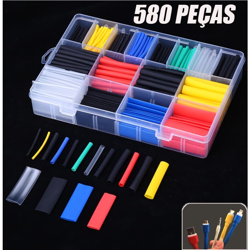 Kit De Tubo Termo Retrátil Espaguete Colorido Em Polietileno Com 580 Peças