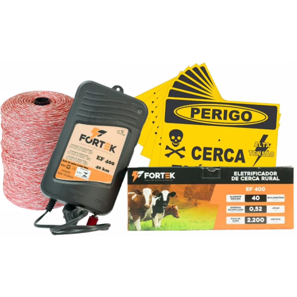 01 Cerca eletrica rural Forteck AC Bivolt + 100m Fio eletroplastico vm/br + 01 placa de cerca eletrica