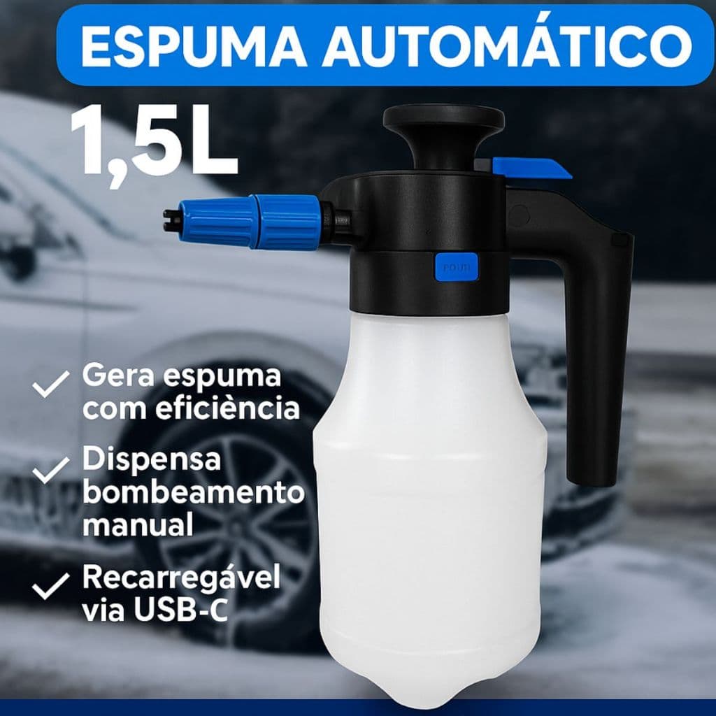 Snow Foam Borrifador Automatico Pulverizador Gerador de Espuma Carregamento USB-C 1,5L Aciona Facil