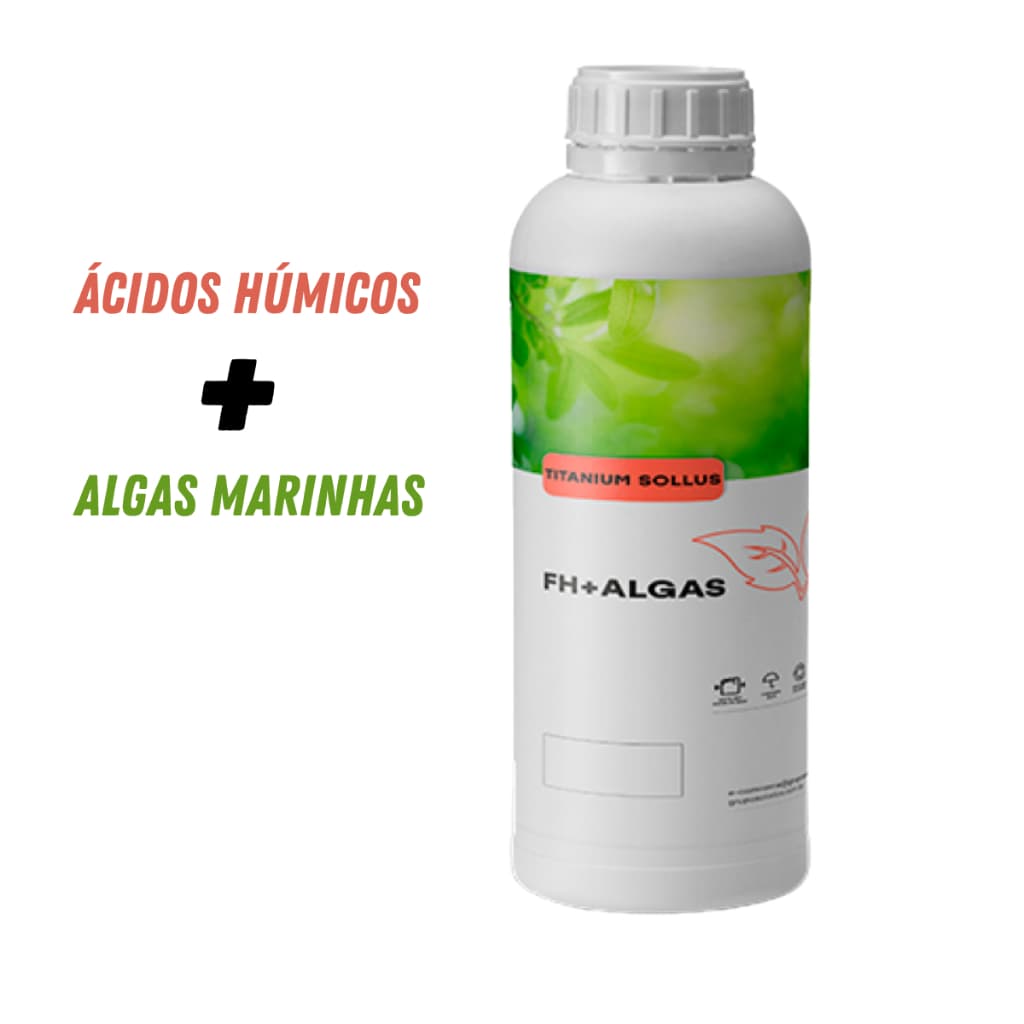 Frasco de 1L de Fertilizante FH + Algas Marinhas com rótulo verde e texto vermelho