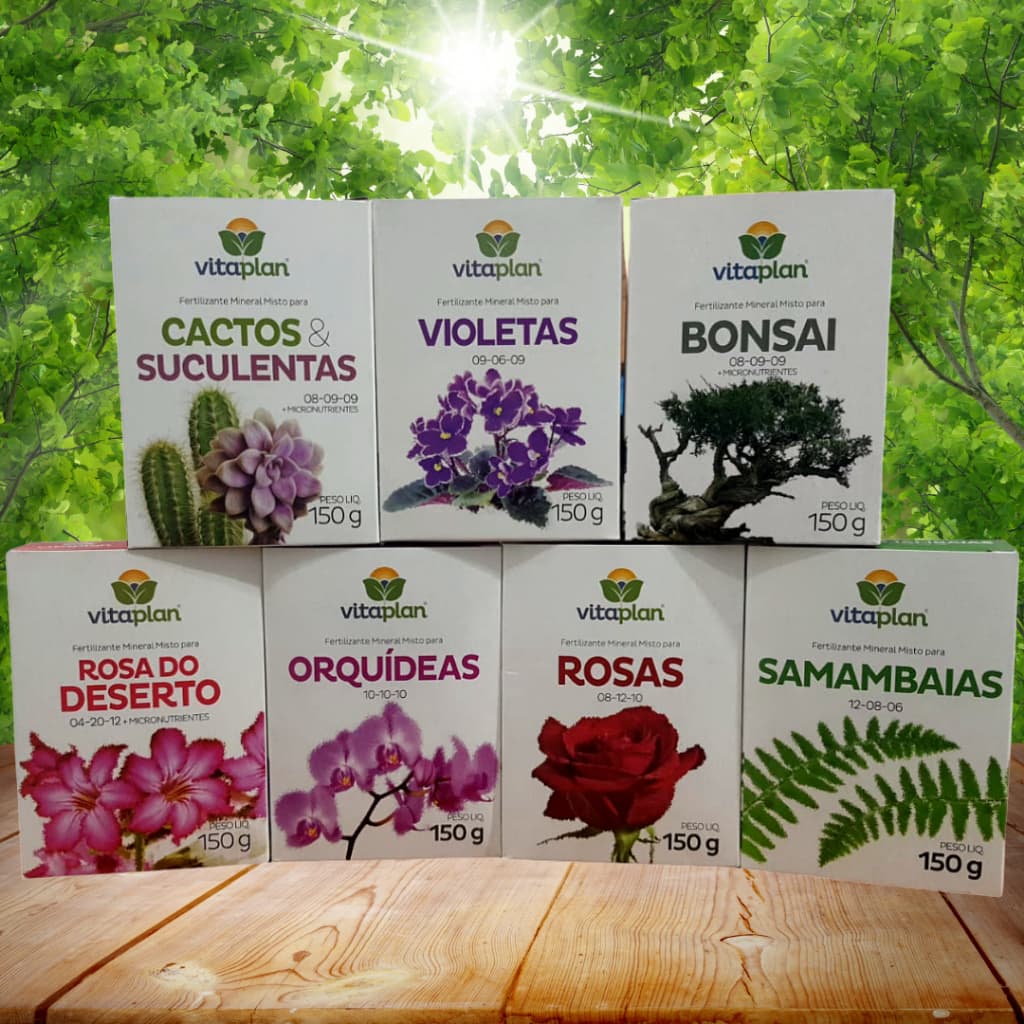 Kit fertilizantes Vitaplan para cactos, suculentas, violetas, bonsai, rosa do deserto, orquídeas, rosas e samambaias