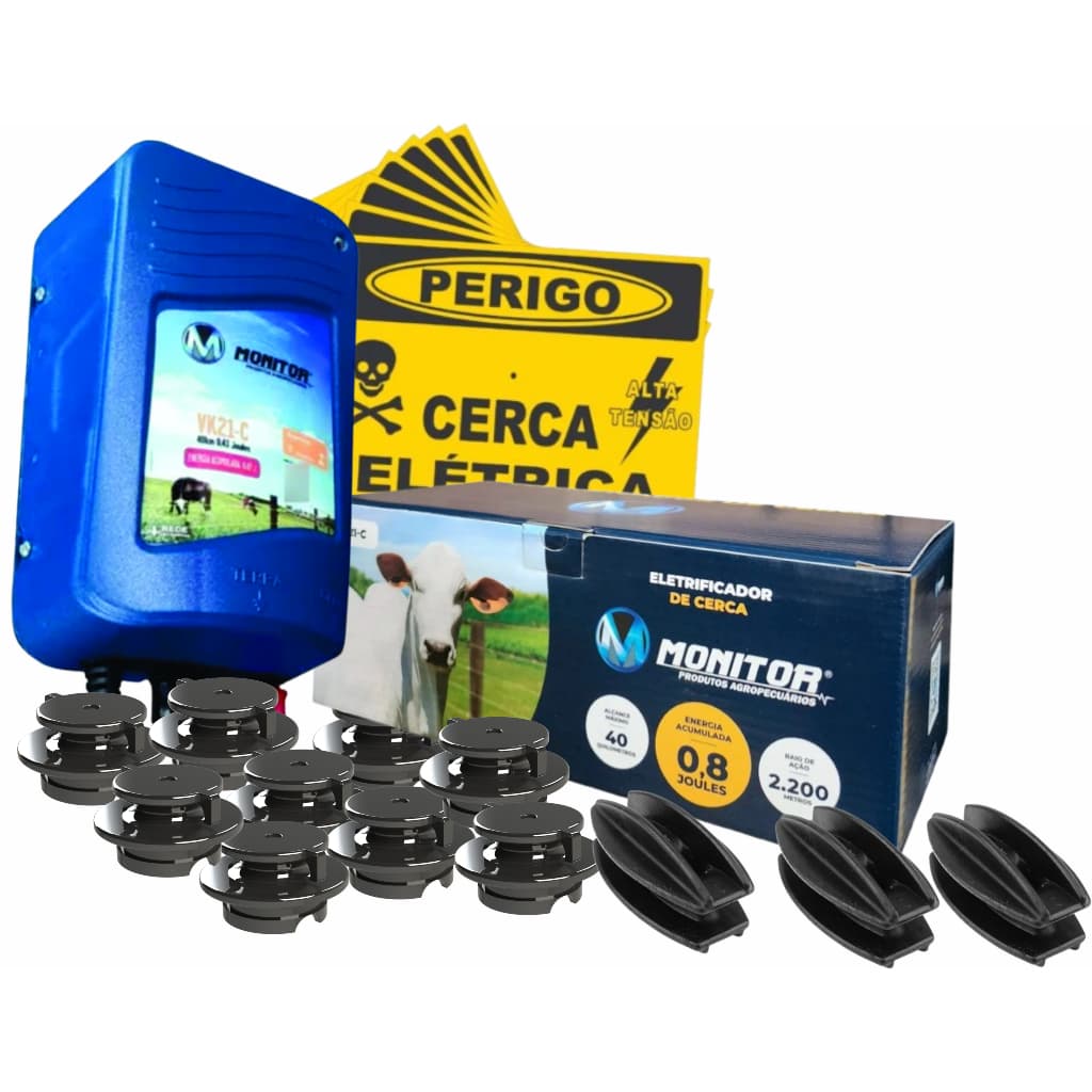 01 Monitor de cerca eletrica AC -100 Roldana com trava RGPT - 25 Isolador Castanha oval PT - 02 Placa de cerca eletrica