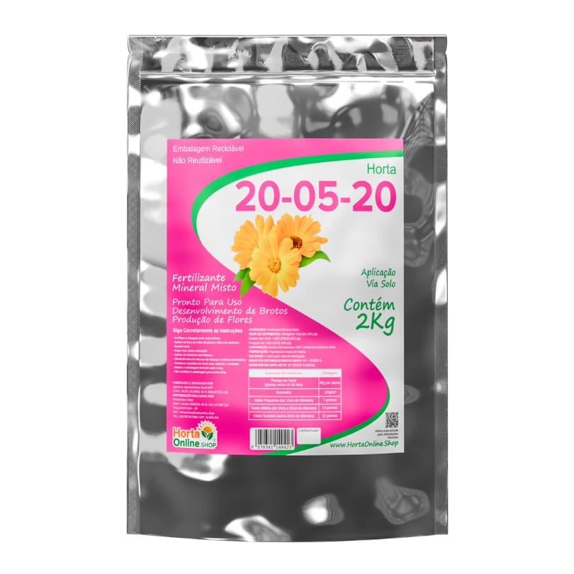 Fertilizante mineral misto 20-05-20 2kg para plantas, flores e frutas - embalagem reutilizável