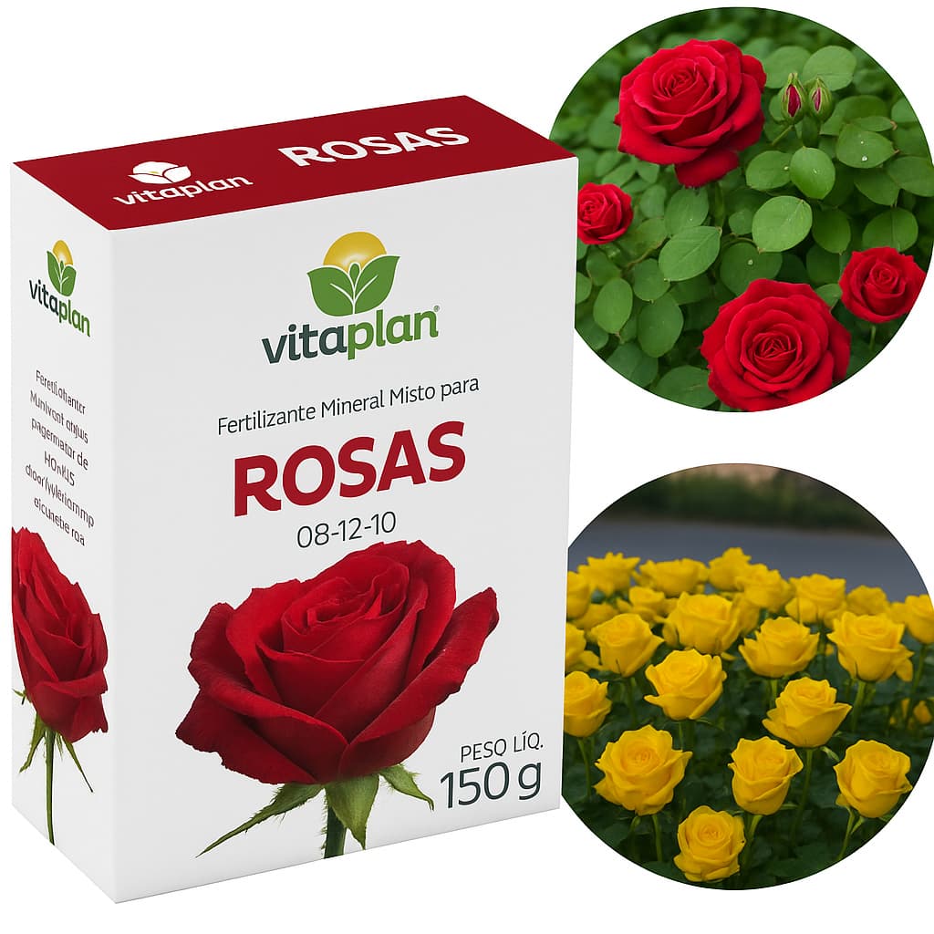 Fertilizante para rosas Vitaplan 150g, caixa vermelha com texto 'ROSAS', rosas vermelhas e amarelas em fundo branco