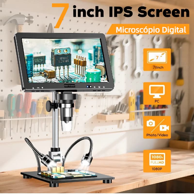 Microscópio Digital 7 Polegadas 1080P 1200X para Vídeo Lupa Microscópio Tela de alta definição Base Metal
