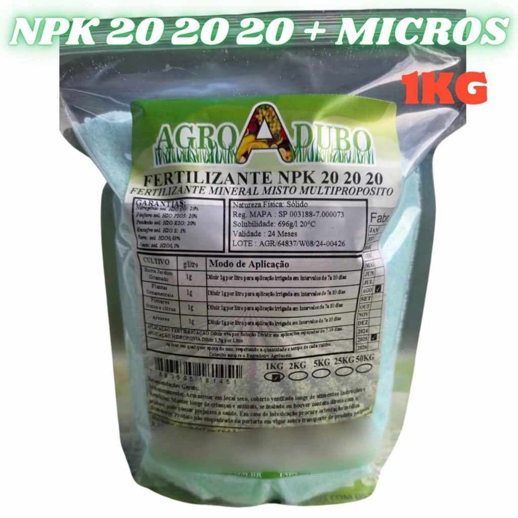 Fertilizante NPK 20 20 20 + MICROS 1kg em saco plástico transparente