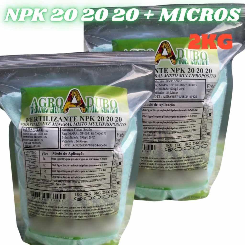 Fertilizante NPK 20 20 20 2kg sacos plásticos com etiquetas e informações nutricionais