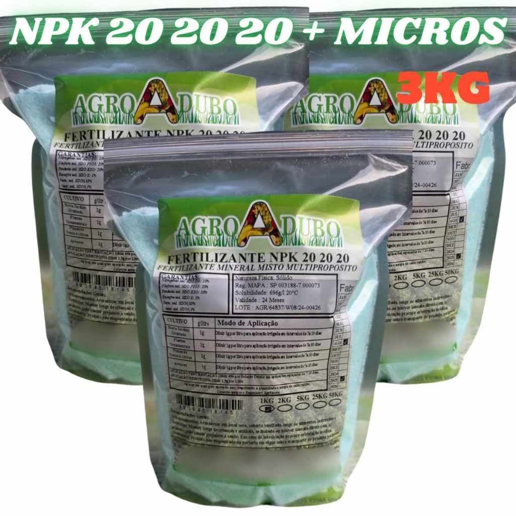 Fertilizante NPK 20 20 20 + Micros 3kg Agro Dubo