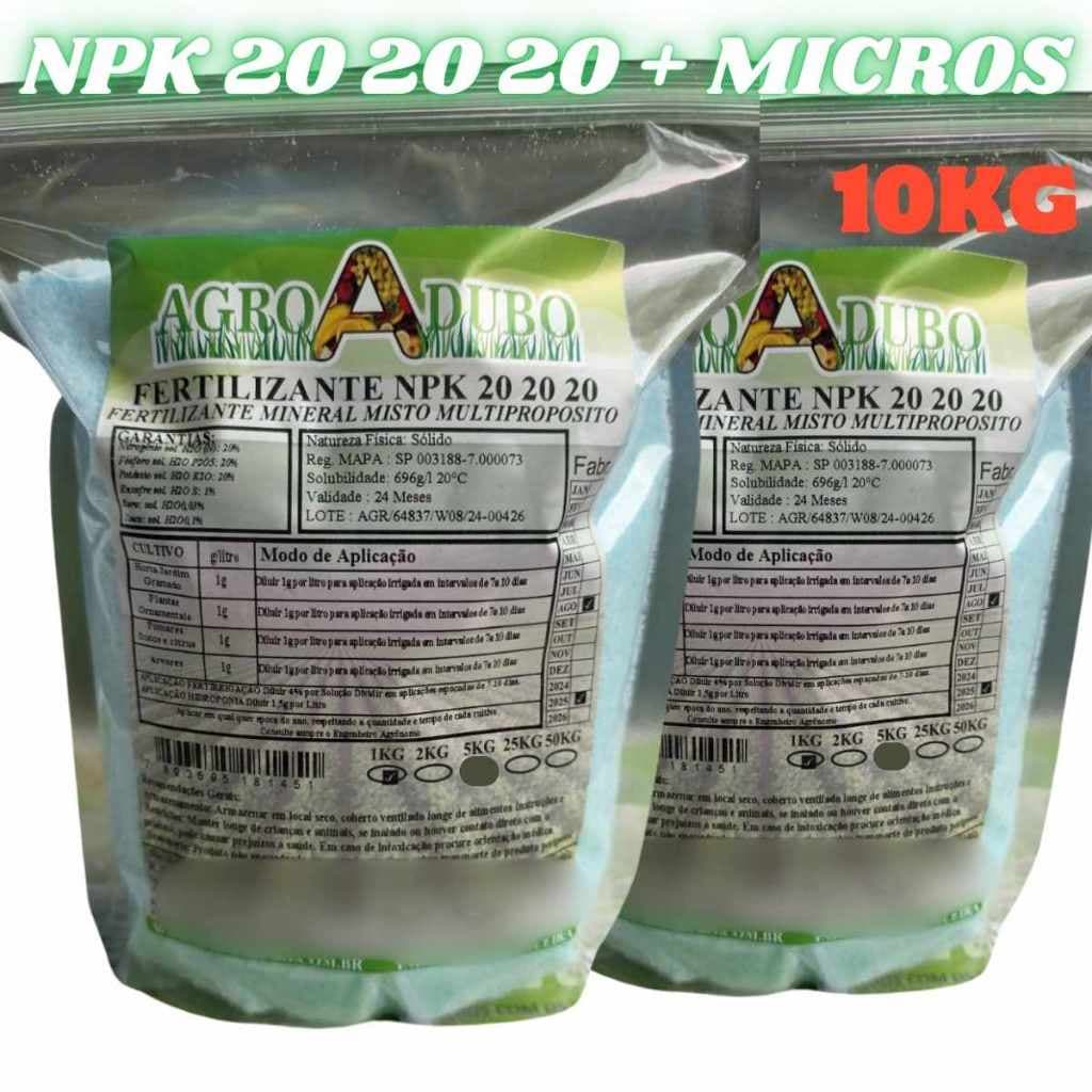 Fertilizante NPK 20 20 20 + Micros 10kg Agro Dubo sacos plásticos