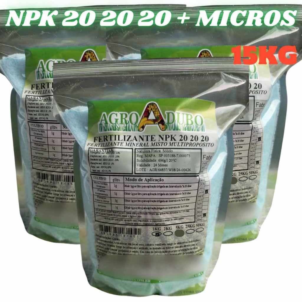 Fertilizante NPK 20 20 20 + Micros 15kg sacos plásticos transparentes