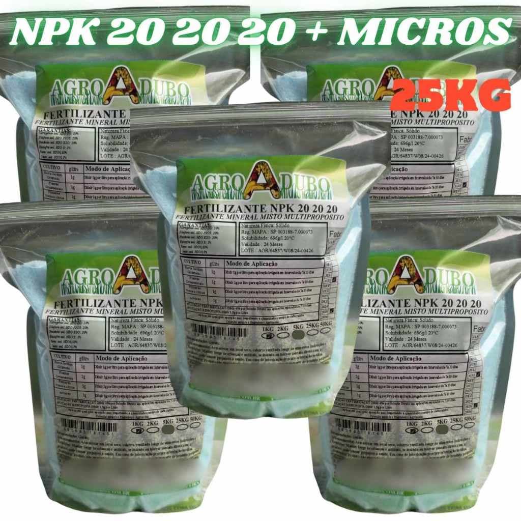 Fertilizante NPK 20 20 20 + MICROS - 25kg em sacos plásticos transparentes, Agro Adubó.