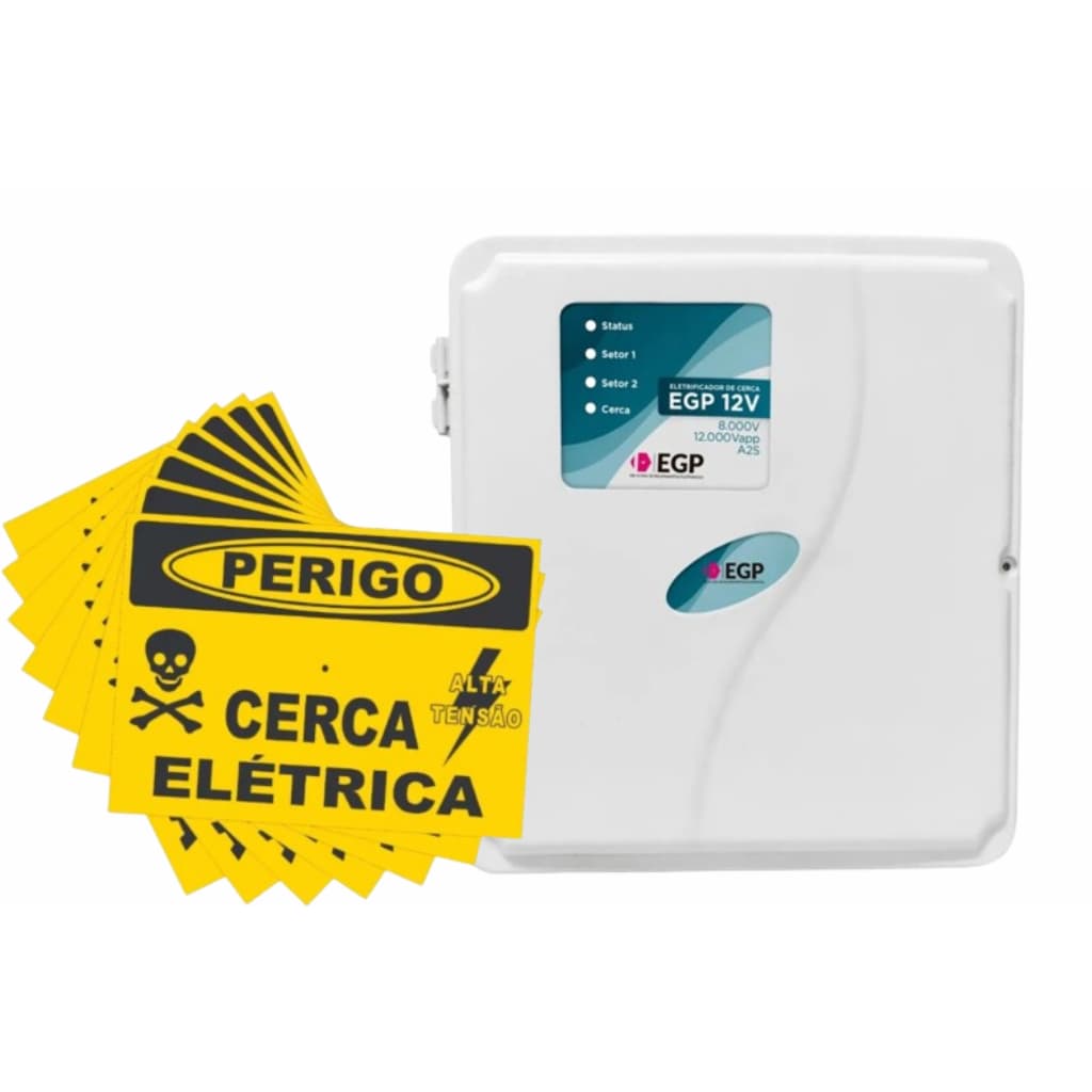 Kit Cerca Residencial segurança - 01 Eletrificador EGP + 01 Bat 12V + 05 Placa de cerca eletrica