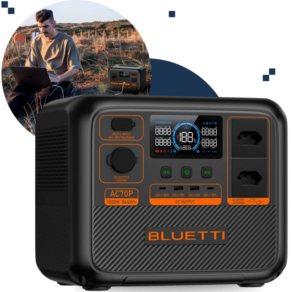 Gerador portátil de energia solar Bluetti AC70P, 1000W, 864Wh, 110V/220V