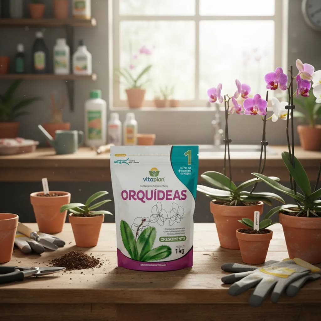 Fertilizante Vitaplan para orquídeas, 1kg, em saco azul e branco