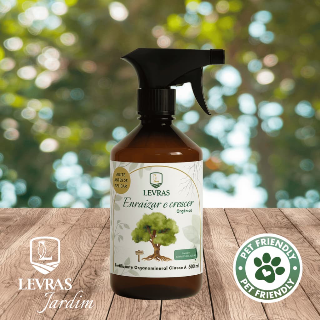 Frasco de fertilizante orgânico LEVRAS Jardim 500ml, pronto para uso, com rótulo ilustrado e selo Pet Friendly.
