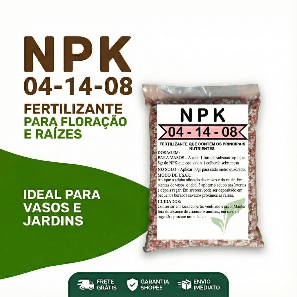 Fertilizante NPK 04-14-08 para floração e raízes em saco plástico, ideal para vasos e jardins.