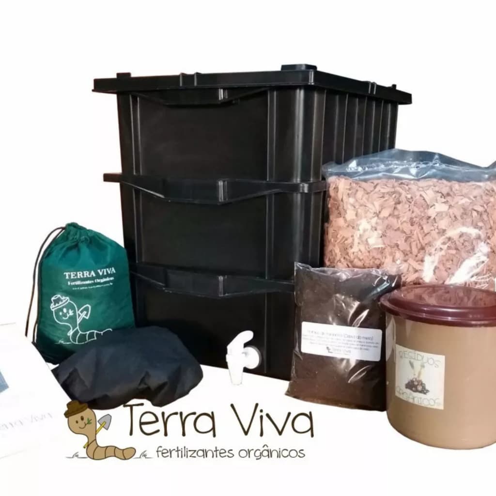 Composteira Compostagem Minhocário 45litros ( 15L cada caixa ) PRONTA PARA USAR COMPLETA