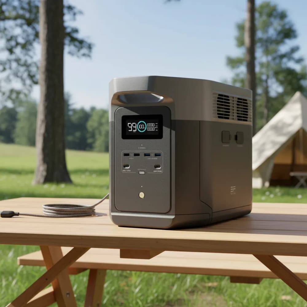 Estação de Energia Portátil Delta 2 Max Ecoflow 3400w em uso em ambiente externo