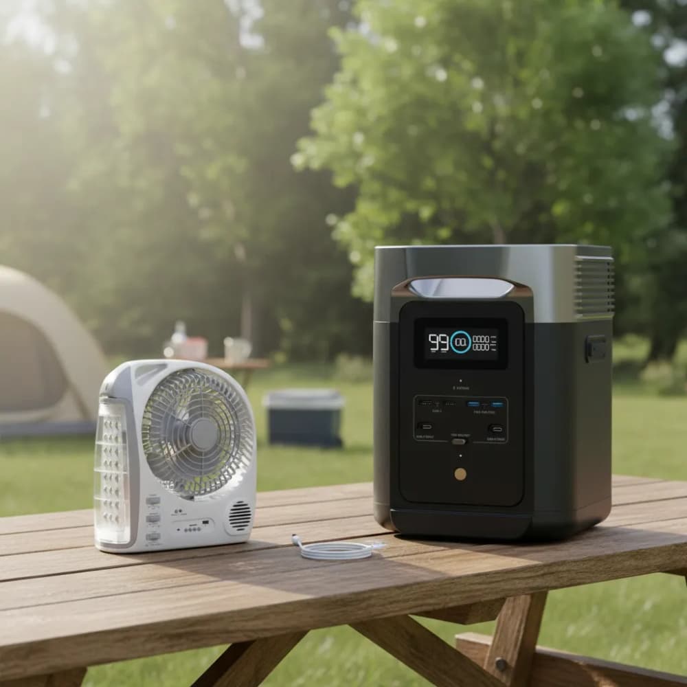 Estação de energia portátil Delta 2 Ecoflow 2400W com ventilador em fundo verde