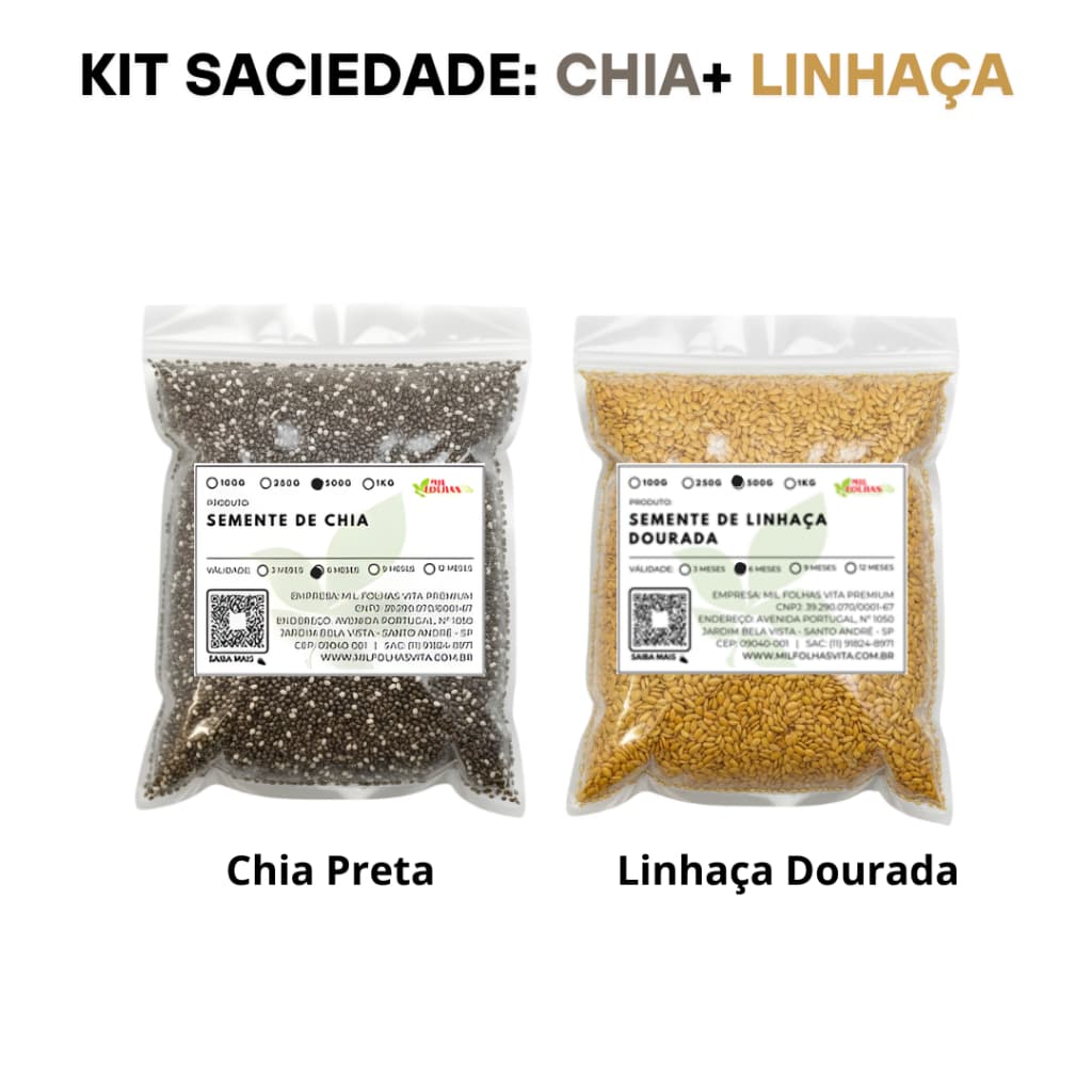 Kit Semente De Chia + Semente De Linhaça Dourada 1kg Ou 500g Embalado A Vácuo