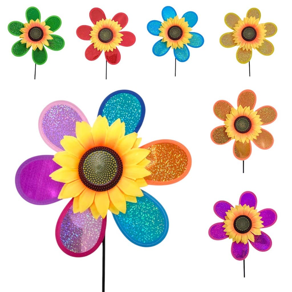 Kit com 5 Cata-vento Colorido Decoração Jardim Varanda Duplo Girassol Catavento Jardinagem Planta Enfeite Vento