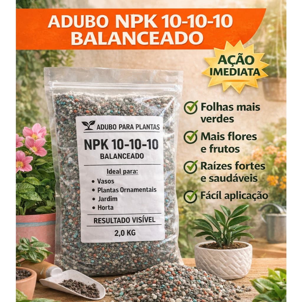 Adubo Fertilizante NPK 10-10-10 2Kg - Fertilizante Completo para Plantas, Hortas