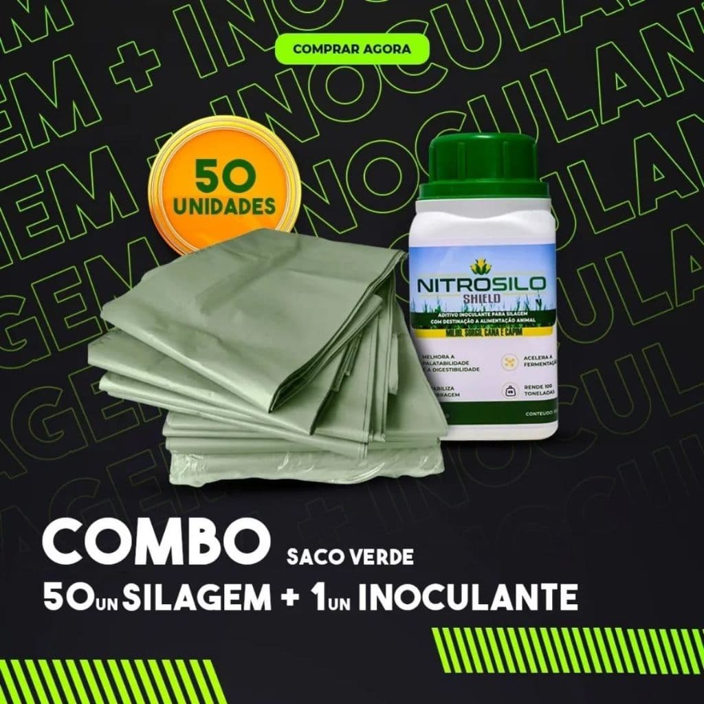 Kit Silagem Completo 50 Sacos 52x110 + Inoculante 100g | Conservação p/ Milho Capim Sorgo Rende 100t