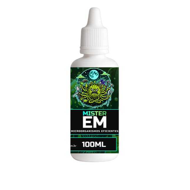 Frasco de 100ml de bioestimulante líquido Mister EM com rótulo verde e preto