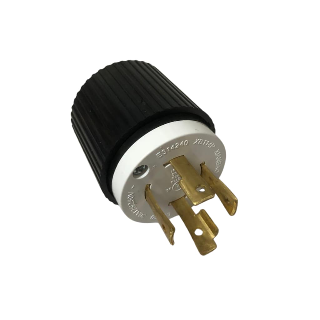 Plug elétrico de quatro pinos preto e cinza com contatos dourados