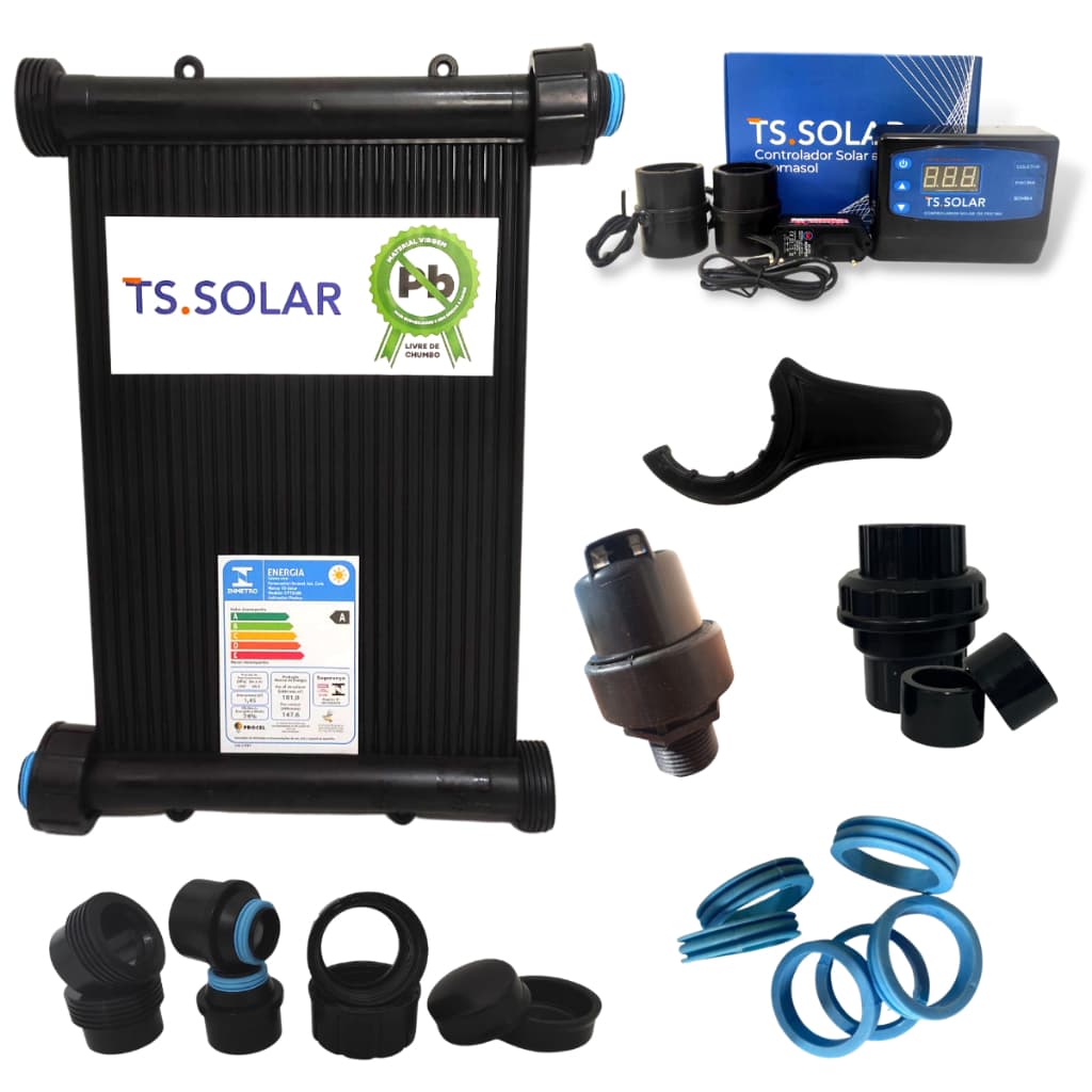 Aquecedor Solar Piscina TS Solar 1 Placa 3m + Controlador + Quebra-Vácuo + Retenção