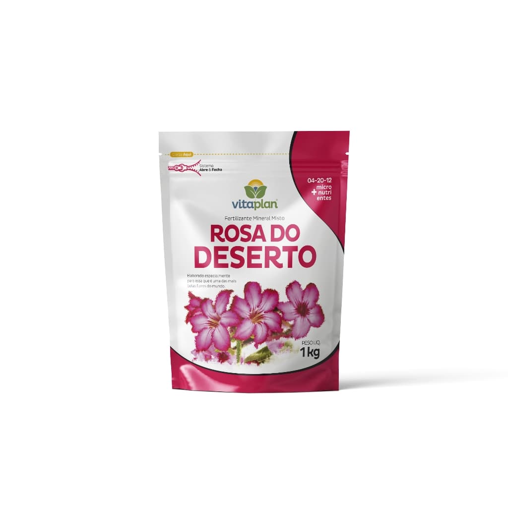 Fertilizante em pó Rosa do Deserto 1kg Vitaplan com flores rosa e folhas verdes