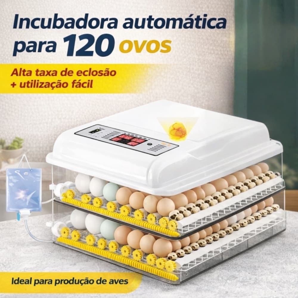Chocadeira Automática 120 Ovos Bivolt 127V/220V Controle Digital Viragem Automática Incubadora