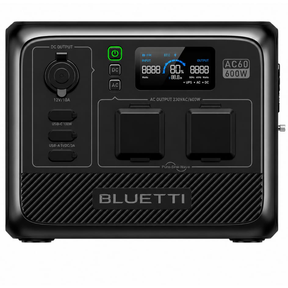 Estação de energia solar Bluetti AC60 600W, tela digital, portas USB e AC, fundo branco