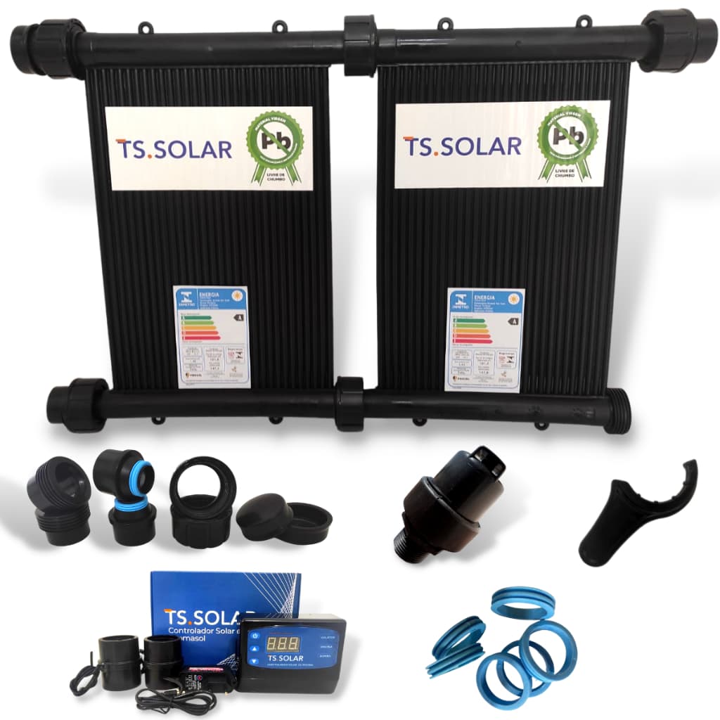 Kit aquecedor solar piscina TS Solar 4 placas 3m controlador válvula VQV instalação